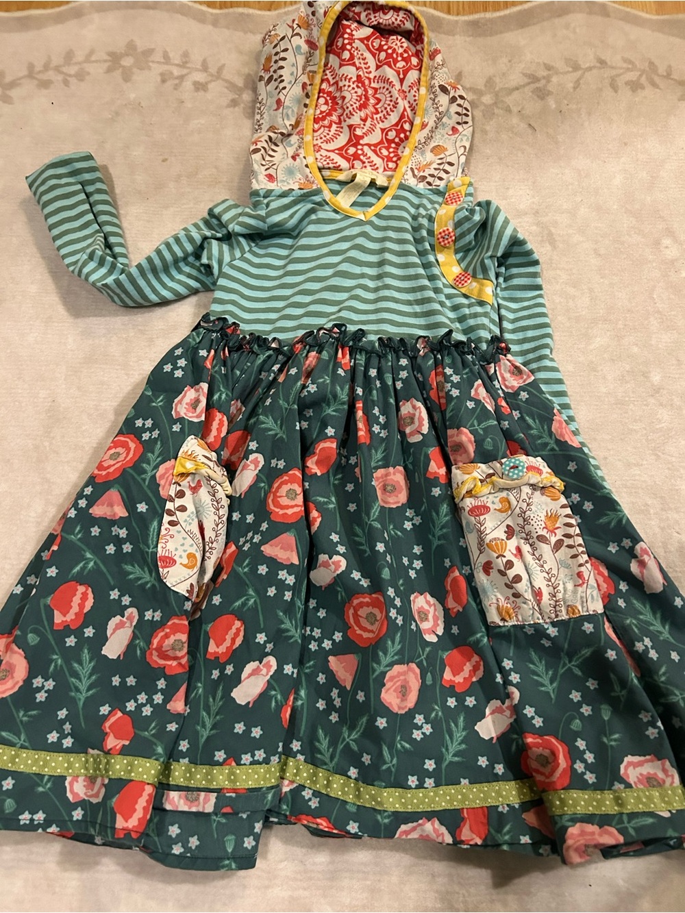 Girls Matilda Jane Teal Striped Hooded Floral Dress with Patch Pockets